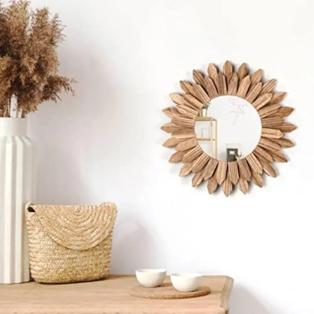 New 12Inch Rustic Sunburst Wall Mirror, Boho Decorative Mirror for Home Decor